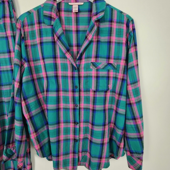Victoria's Secret Teal Blue and Pink Plaid Flannel 2pc Pockets PJ's Size M - Picture 4 of 16